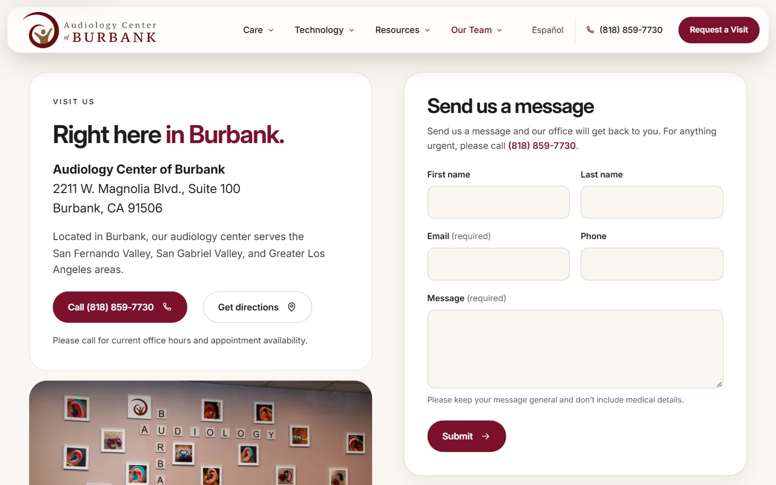 Audiology Center of Burbank contact page showing the office address on W. Magnolia Blvd., call and directions buttons, and a message form
