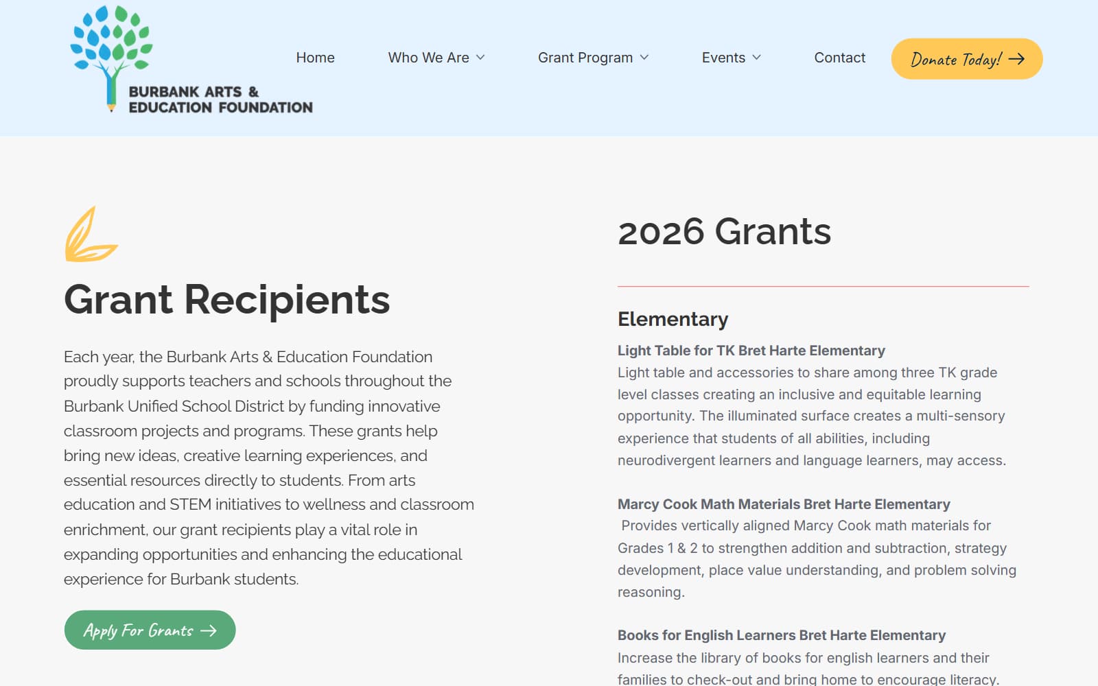 Burbank Arts & Education Foundation grant recipients page listing 2026 elementary school grants with an Apply for Grants button
