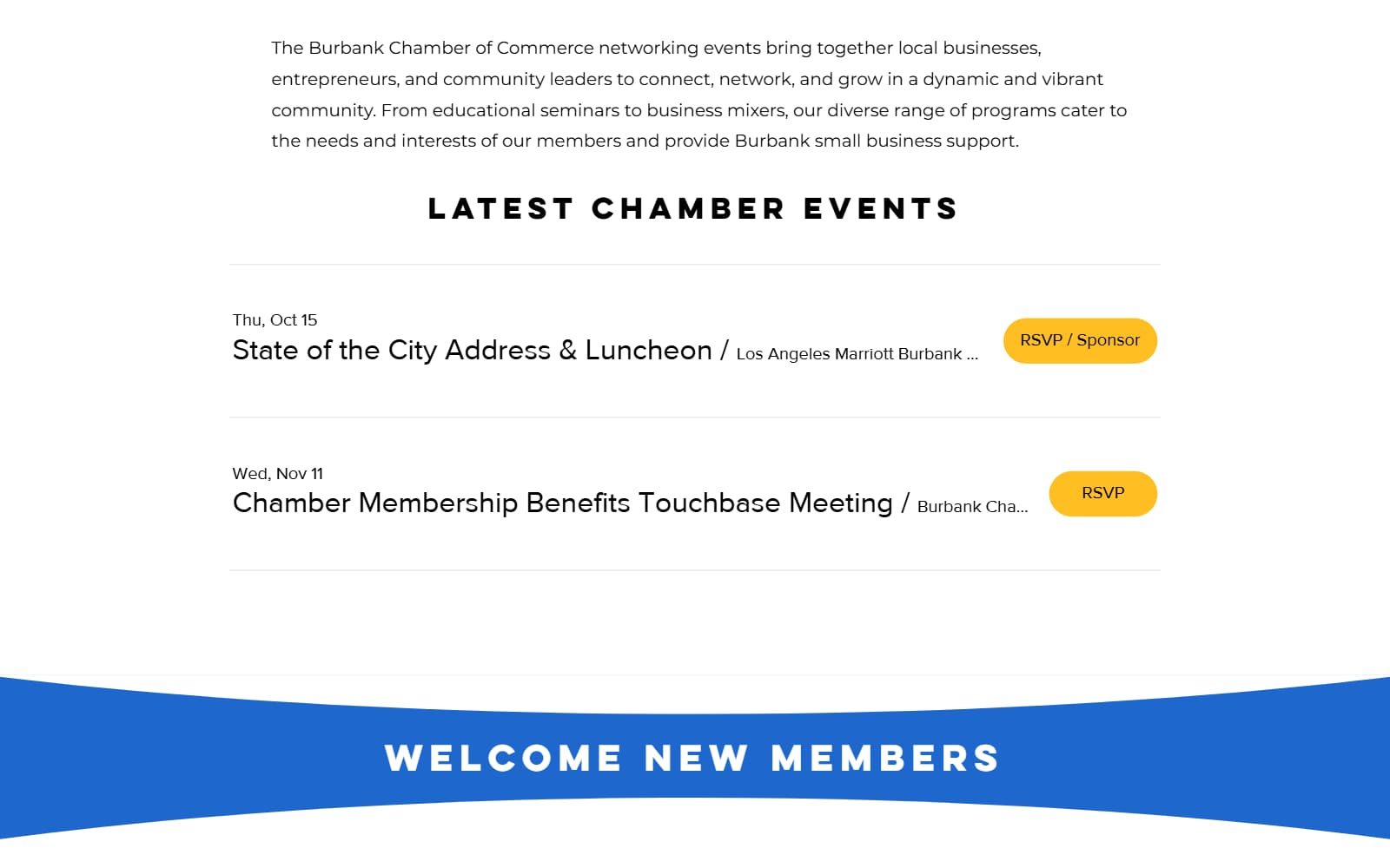 Burbank Chamber of Commerce homepage events list showing the State of the City Address and Luncheon with RSVP and sponsor buttons
