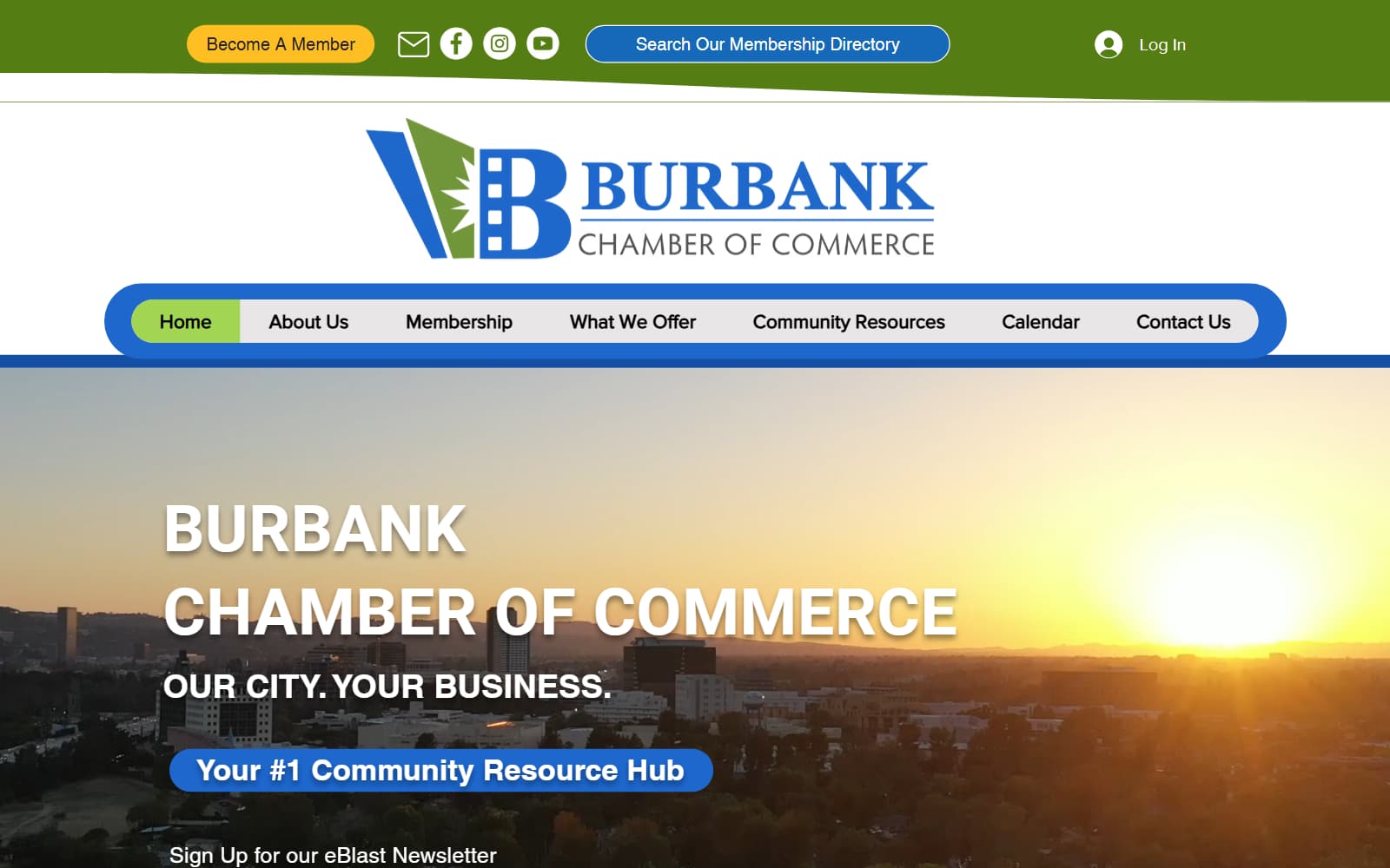 Burbank Chamber of Commerce homepage with a Become a Member button, membership directory search, the main navigation and a sunset photo of Burbank