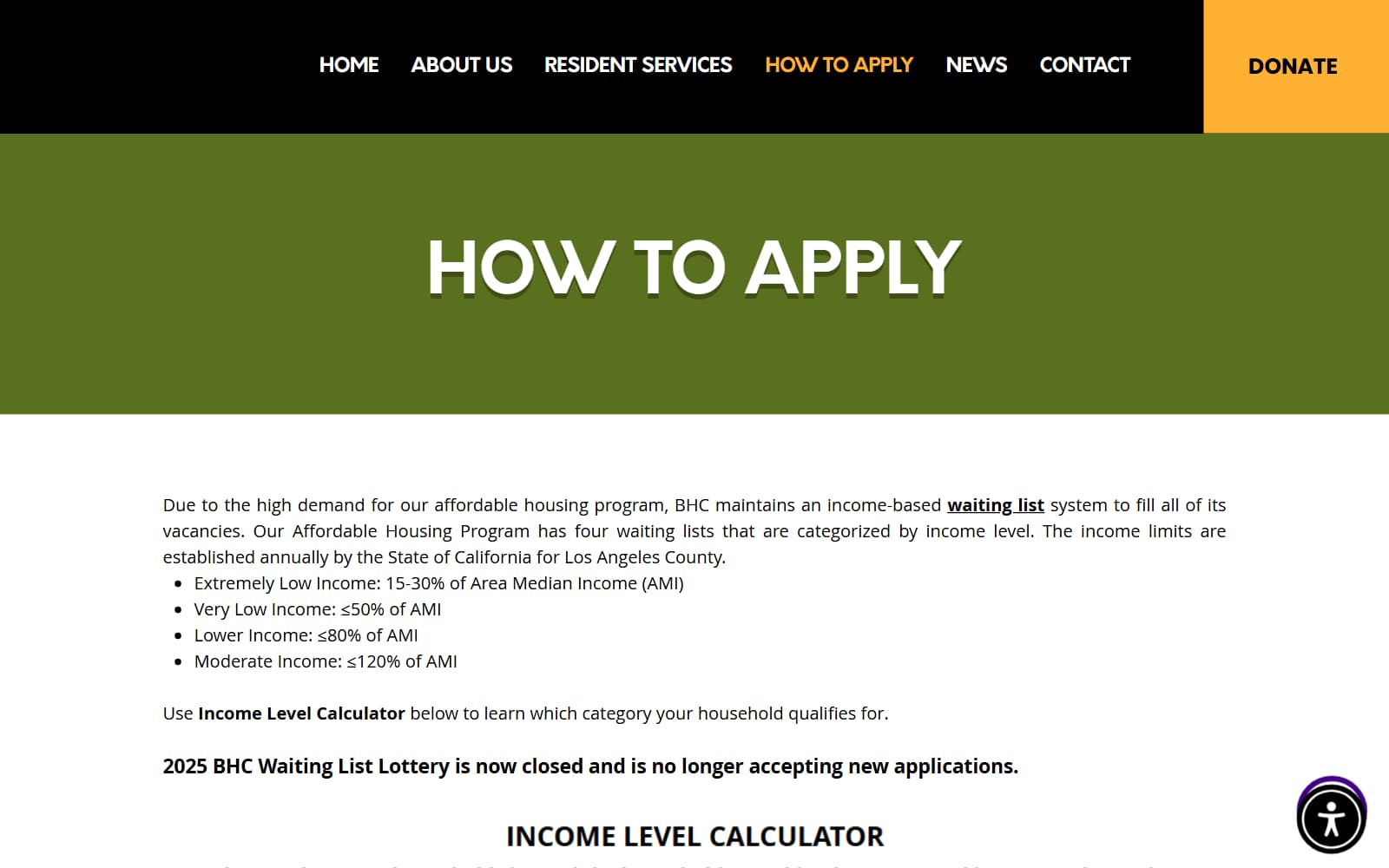 Burbank Housing Corporation How to Apply page listing the four income categories above the income level calculator