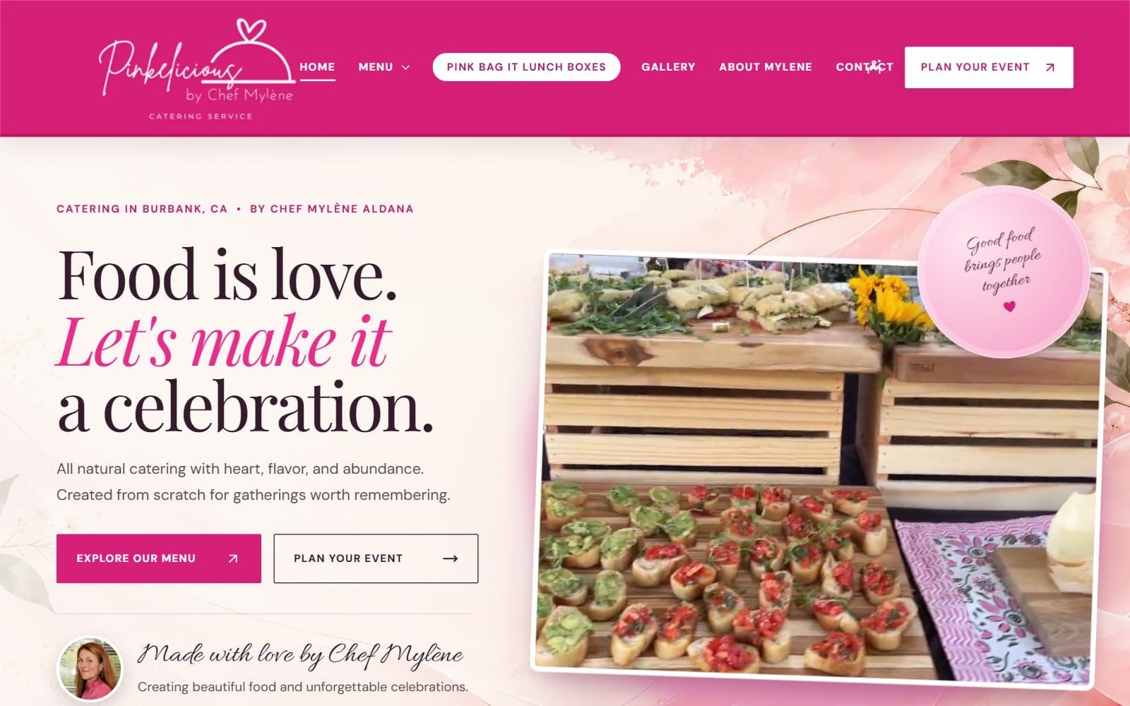 Pinkelicious Catering homepage with the headline “Food is love. Let’s make it a celebration,” Explore our menu and Plan your event buttons, and a food photo
