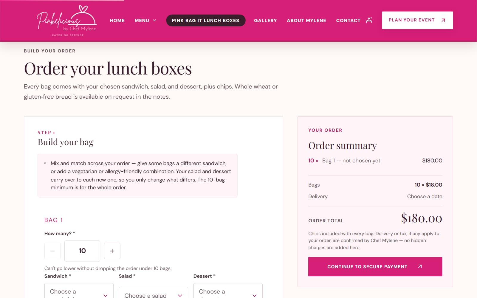 Pink Bag It lunch box order form with sandwich, salad and dessert choices for each bag and an order summary with a continue to secure payment button