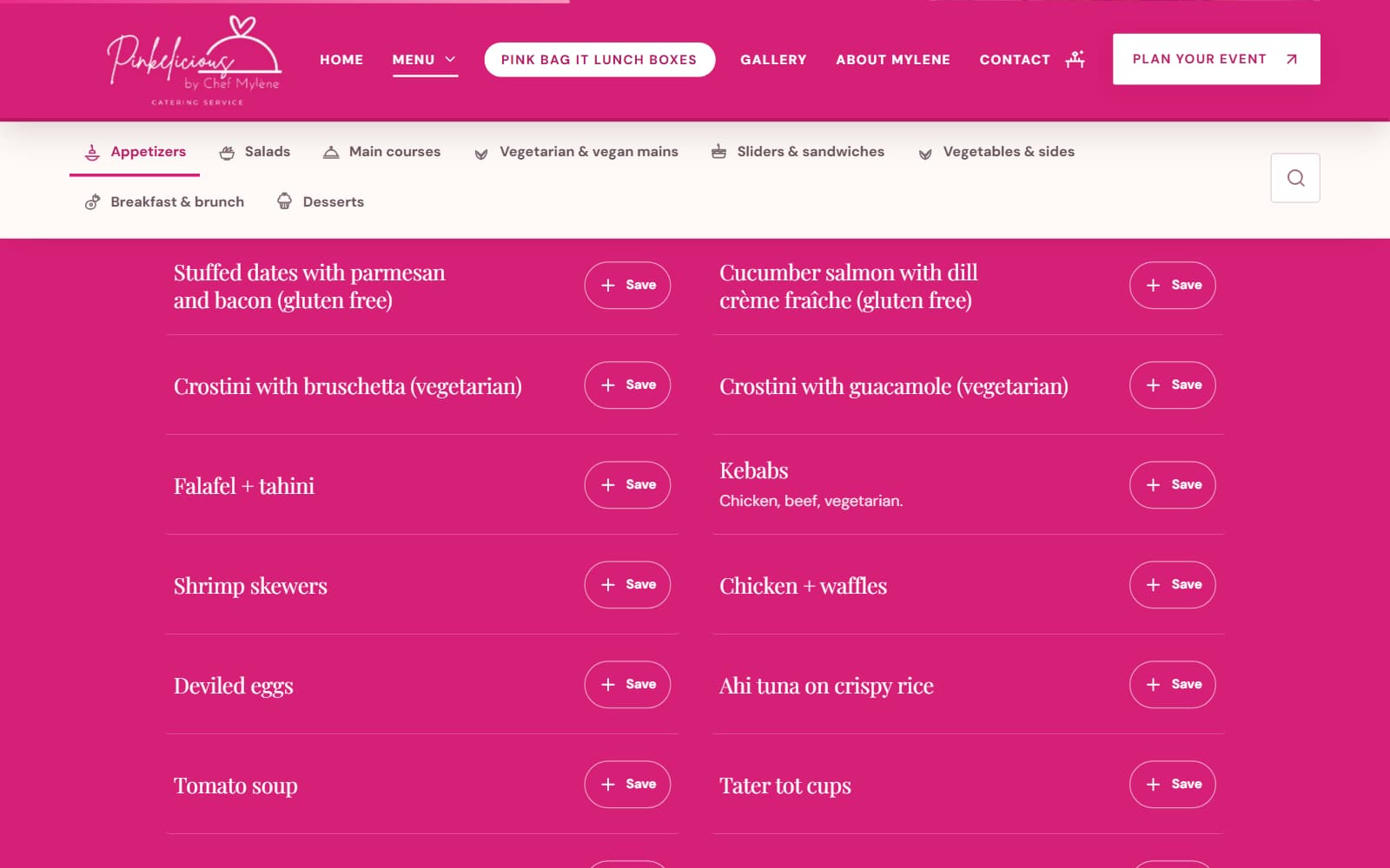 Pinkelicious Catering menu page listing appetizers, each with a Save button, under category tabs and a search button