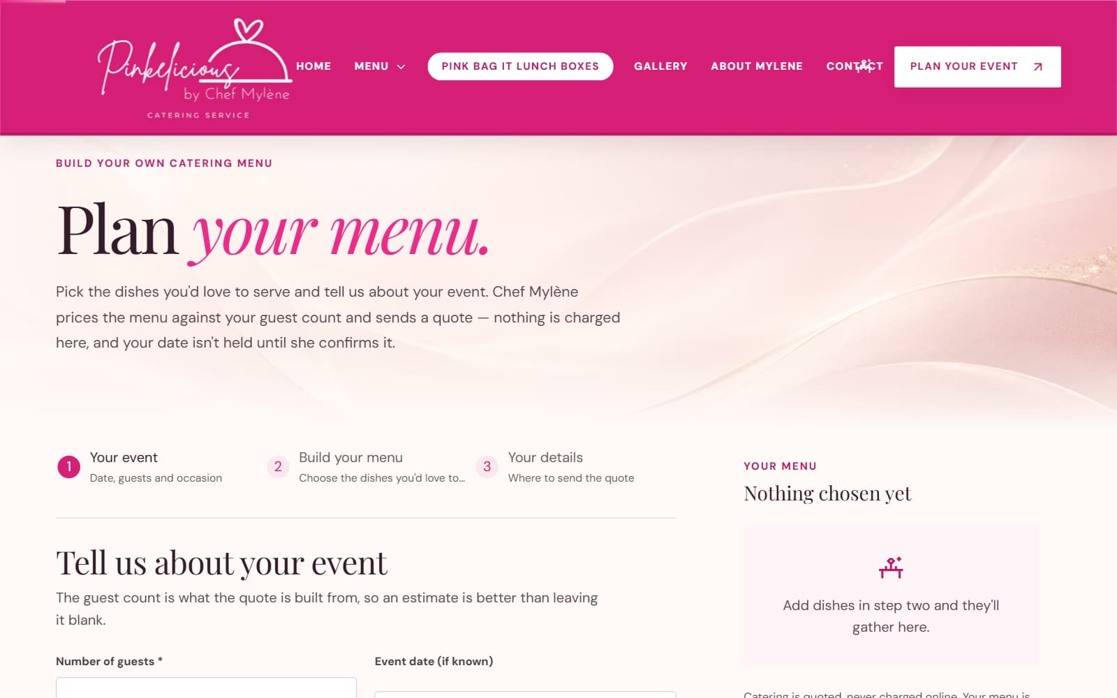 Pinkelicious catering quote request page showing three steps: your event, build your menu and your details
