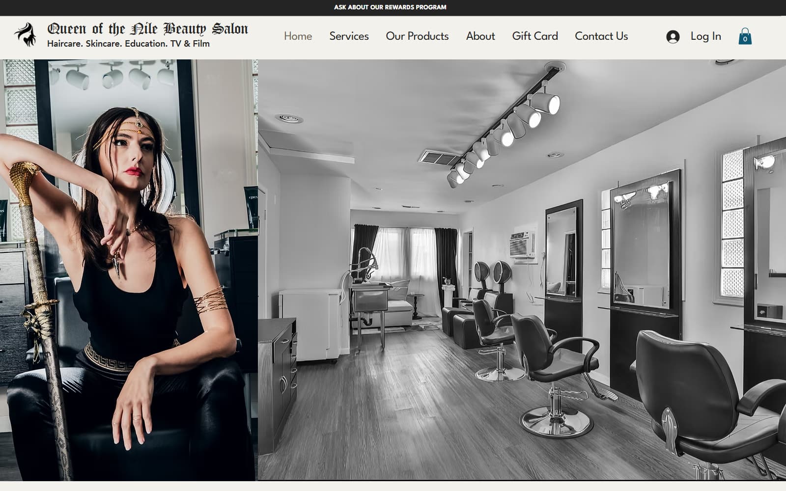 Queen of the Nile Beauty Salon homepage with the navigation menu, a styled portrait and a black-and-white photo of the salon interior