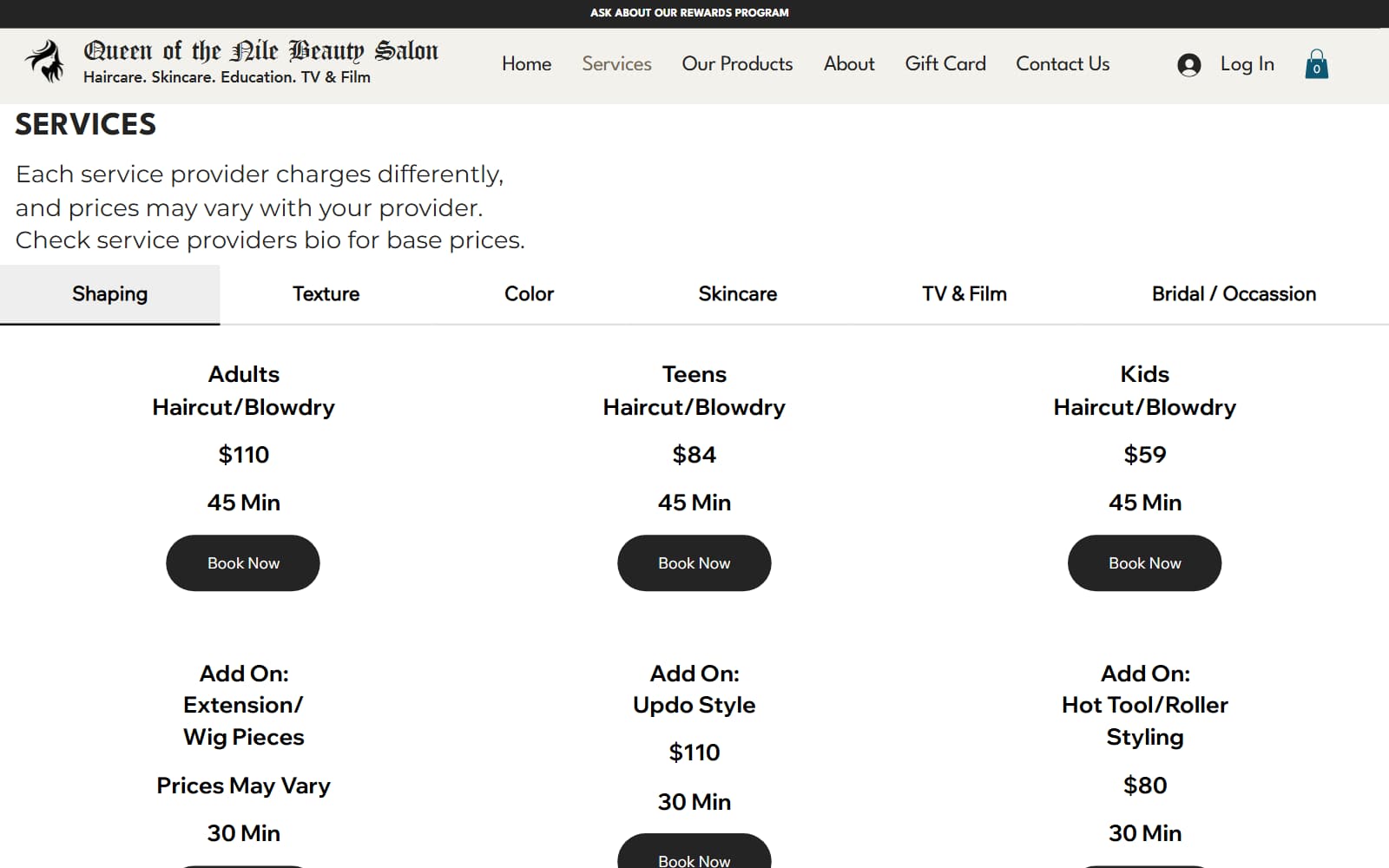 Queen of the Nile services page with category tabs and haircut services showing price, duration and a Book Now button
