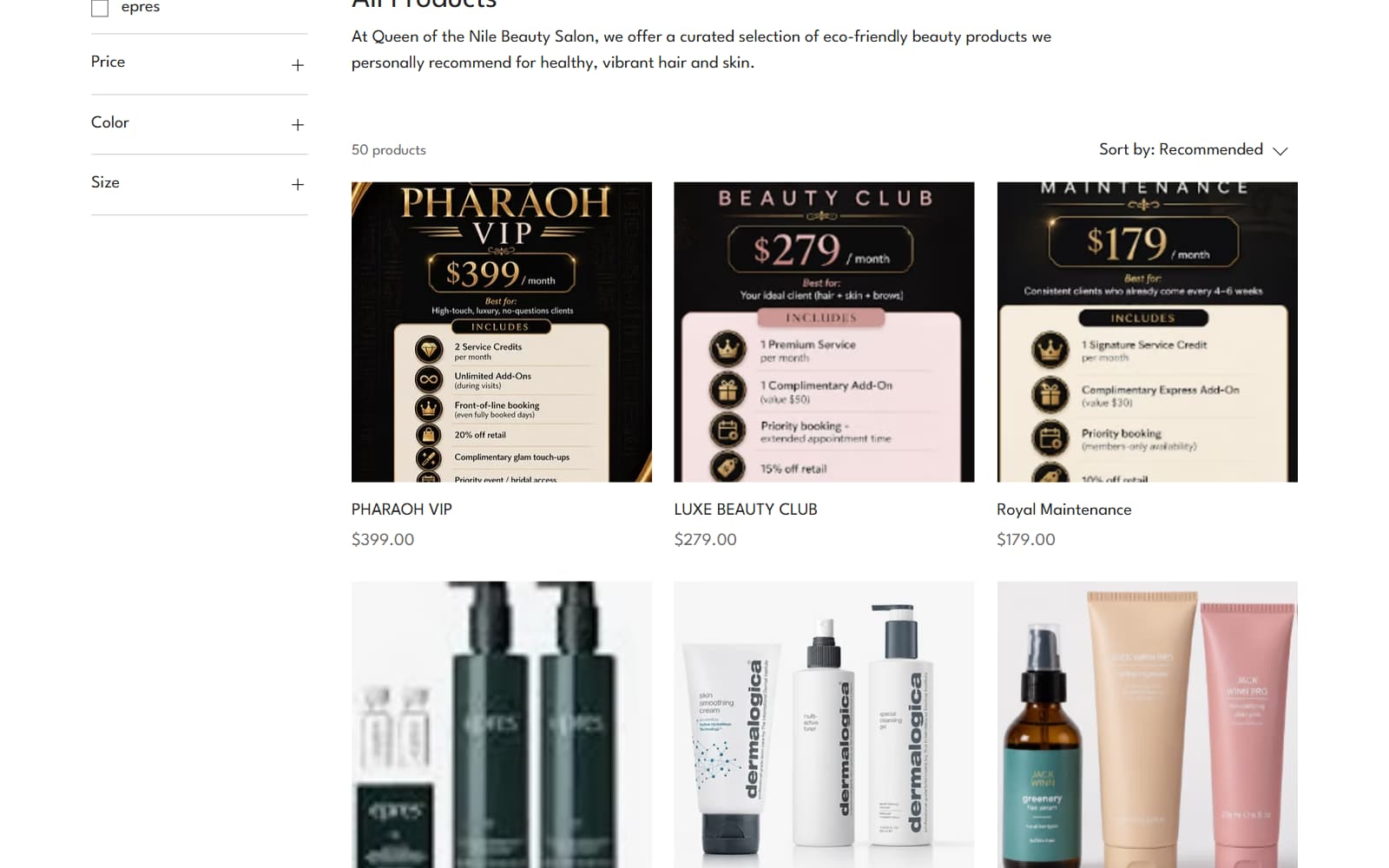 Queen of the Nile online product shop with filters and product cards for membership packages and hair care products