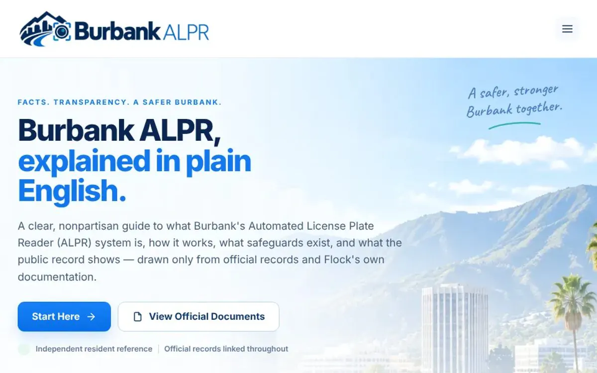 Burbank ALPR, Explained website homepage screenshot