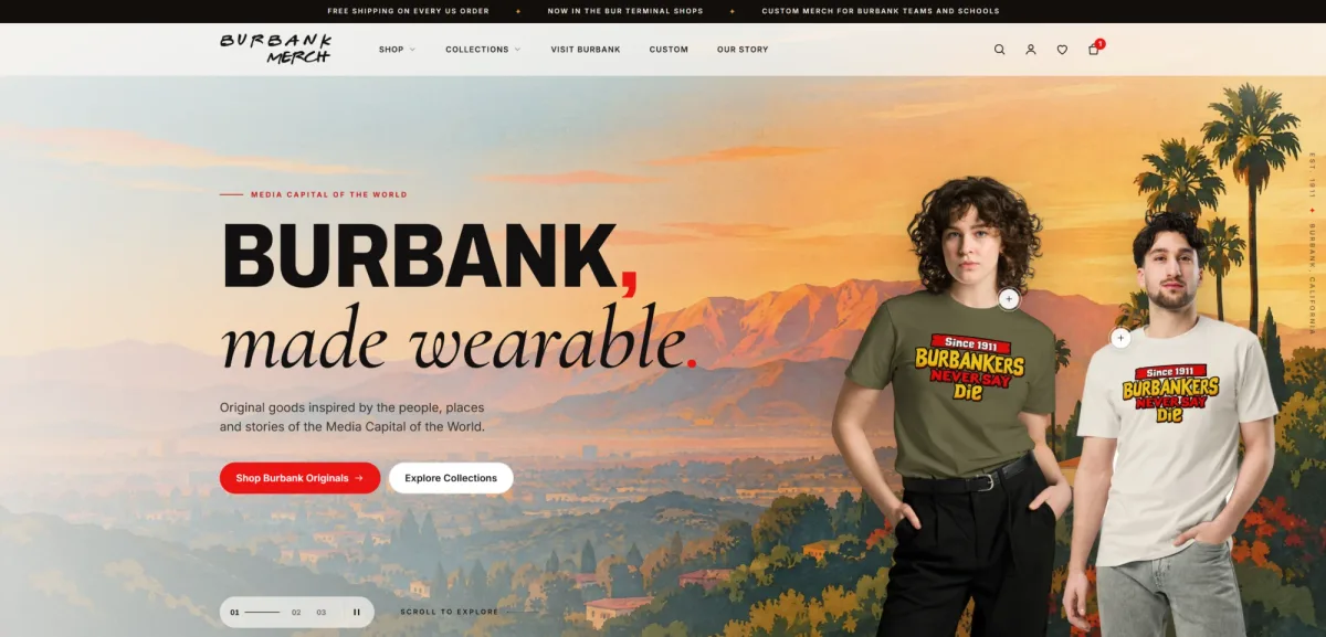 Burbank Merch website homepage screenshot