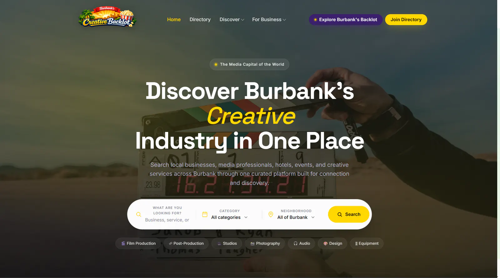Burbank's Creative Backlot website homepage screenshot