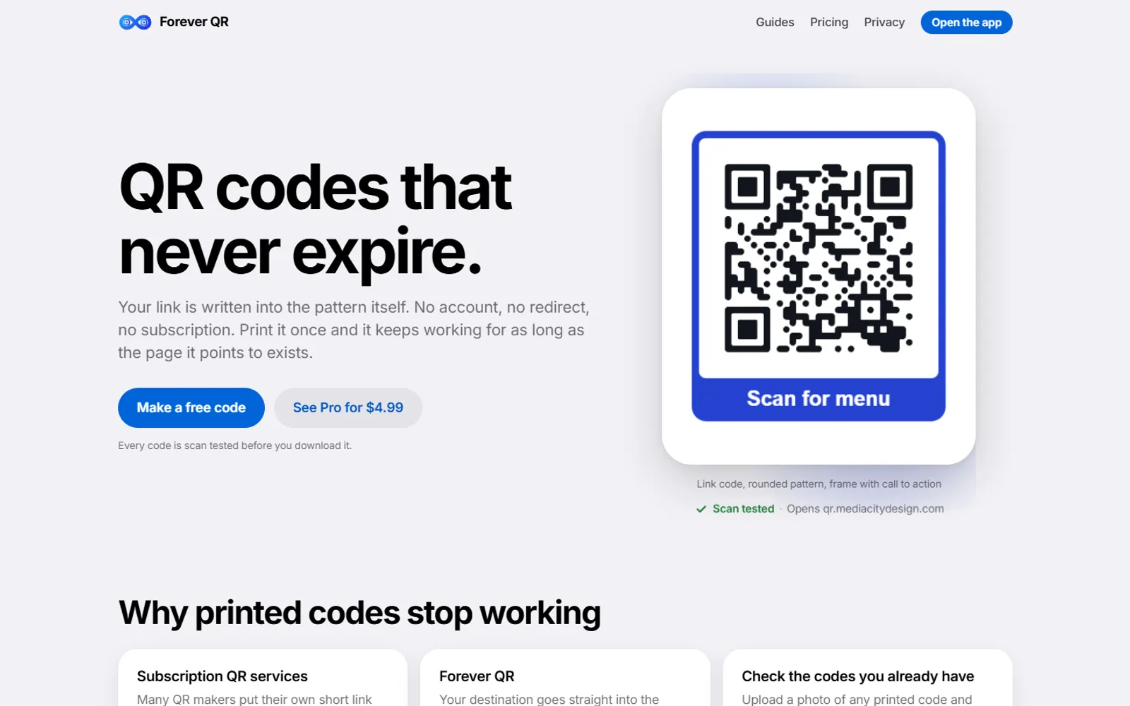 Forever QR website homepage screenshot
